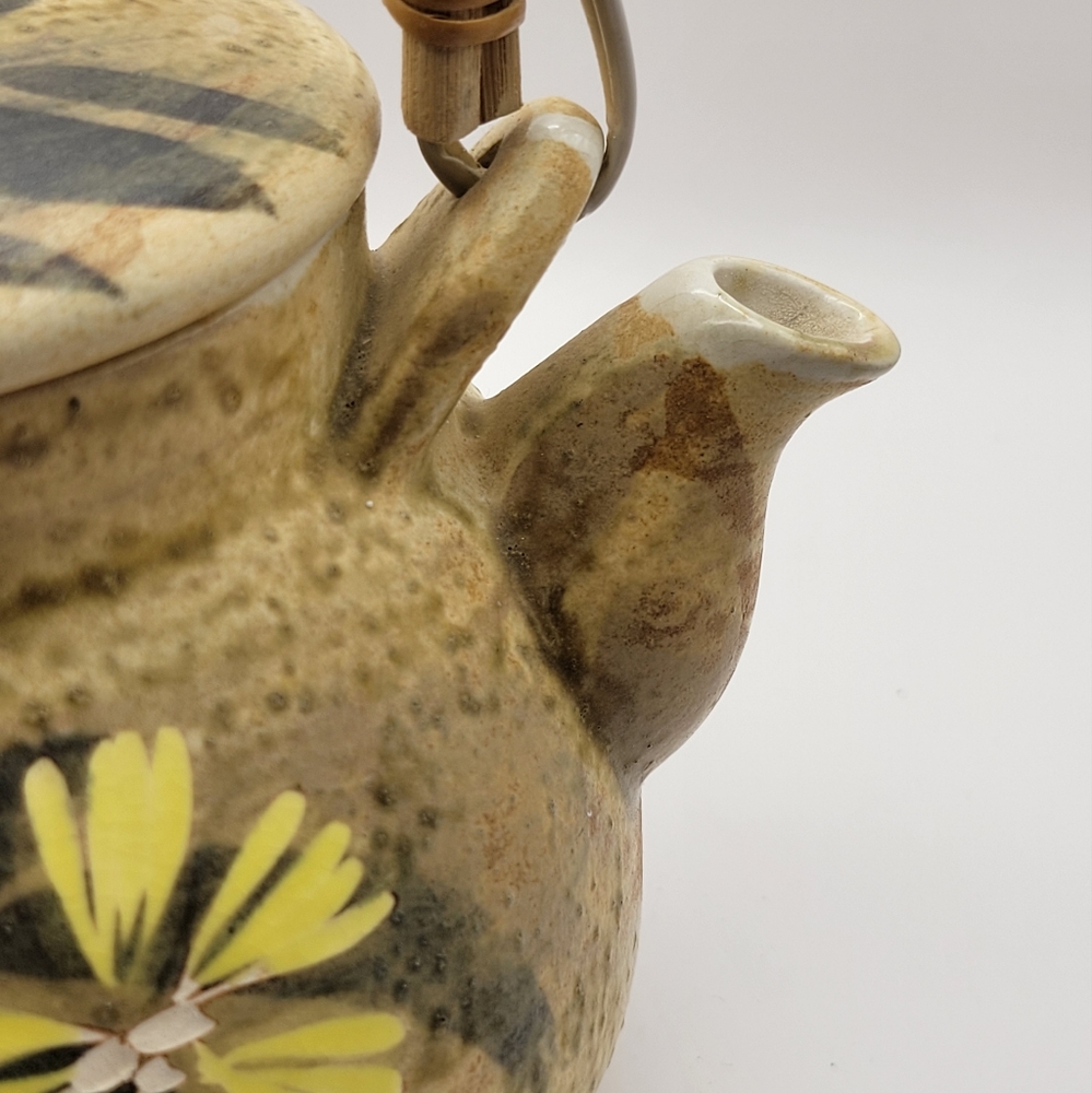 Nasco Teapot Japan Fine Stoneware Hand Painted Flowers Bamboo Wrapped Handle - Picture 5 of 13